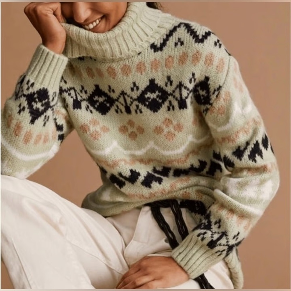 Anthropologie Mint Green Fair Isle Turtleneck Sweater